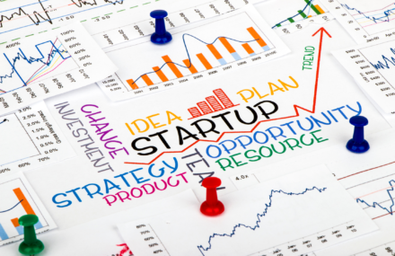 You can see a number of tables, graphs, and figures with numbers and trend developments. In the middle "Startup" is written in capital letters and around it Idea, Plan, Strategy, Opportunity, Product, Team, and Resource.