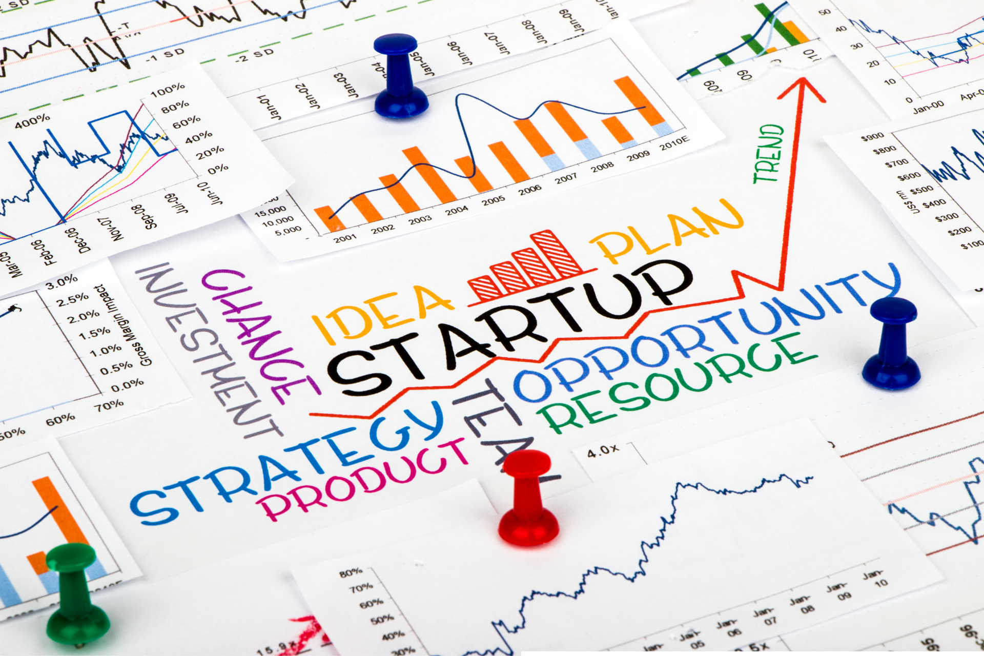 You can see a number of tables, graphs, and figures with numbers and trend developments. In the middle "Startup" is written in capital letters and around it Idea, Plan, Strategy, Opportunity, Product, Team, and Resource.